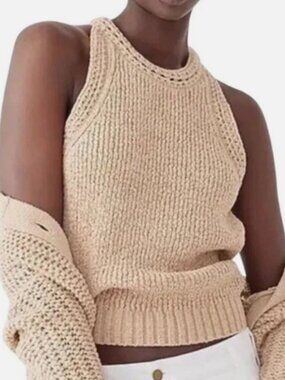 J. Crew High-Neck Textured Pointelle Sweater Tank Beige/ Tan Size M